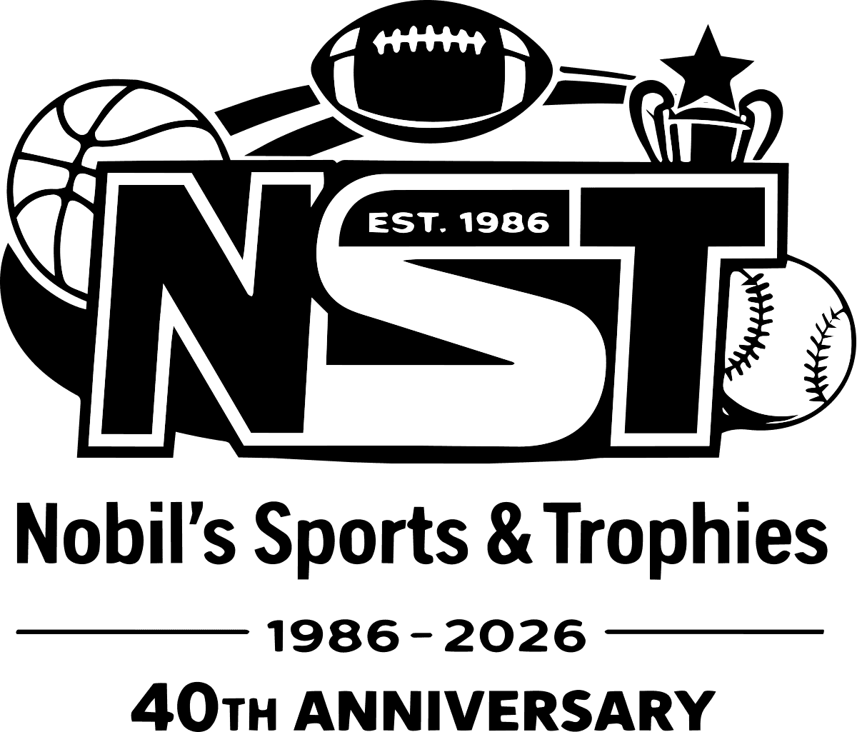 Nobil's Sports & Trophies 40th anniversary logo featuring NST initials, sports balls, and trophy.